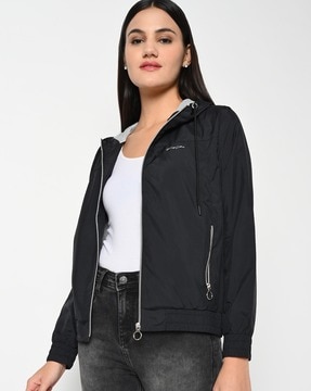 Black WOMEN Oversize Fit Thick Sweatshirt Fabric Bomber Jacket 2941114