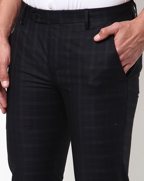 Buy SOJANYA Men Cotton Blend Navy Blue & Off White Checked Formal Trousers  online