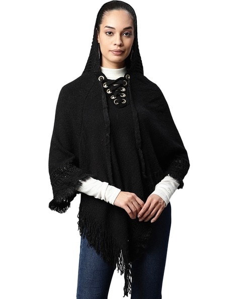 Knitted Asymmetrical Hooded Poncho Price in India