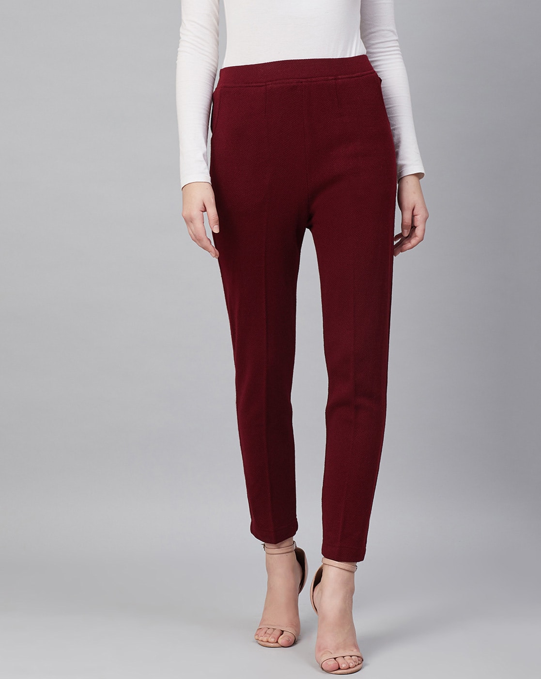 Buy INDYA Maroon Solid Velvet Regular Fit Women's Casual Trousers |  Shoppers Stop