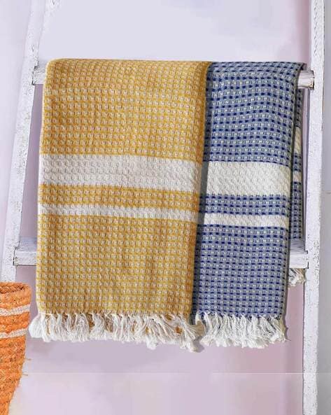 blue and yellow striped bath towels