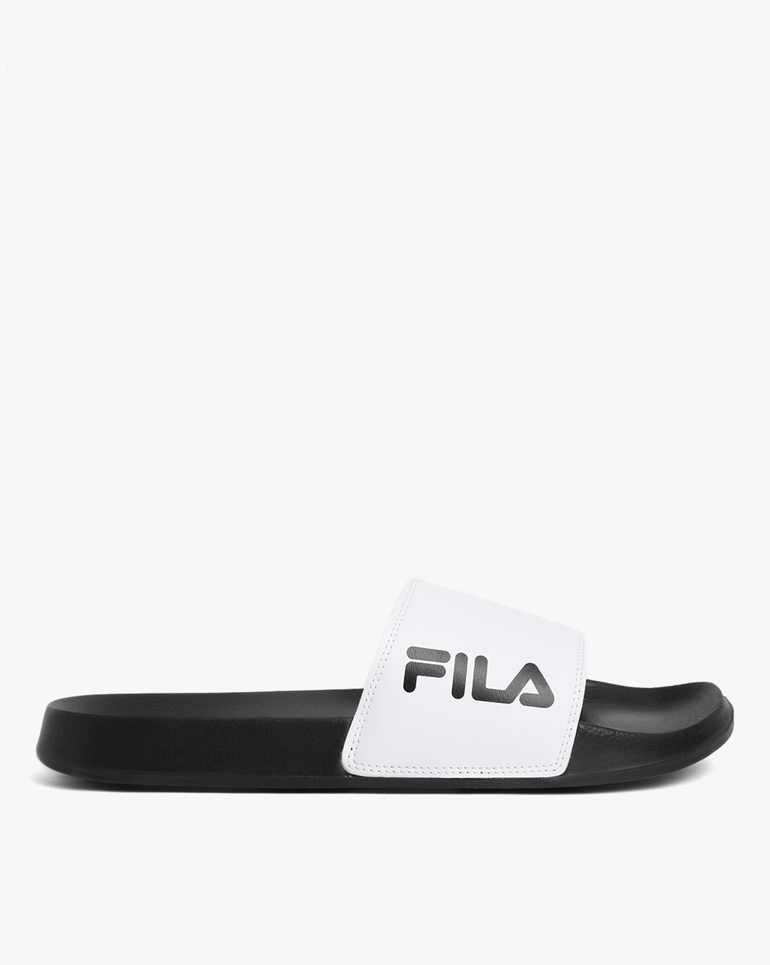 Black and white fila slides sale