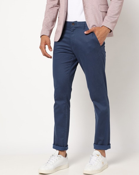 Full Lenght Navy Blue Regular Fit Cotton Men's Formal Pant