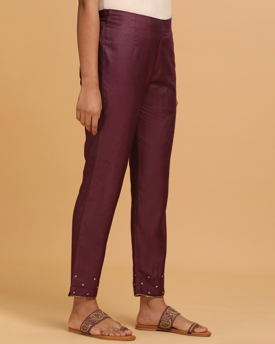 Buy Women Gold Poly Silk Fitted Pants - Feed-Bottoms - Indya
