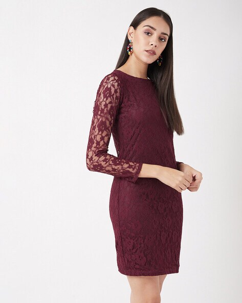 burgundy high neck lace dress