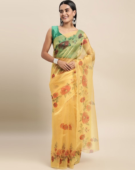 SIRIL Women's Printed & Sequence Embroidery Organza Saree with Unstitched  Blouse Piece(2648S5162A_Yellow) : Amazon.in: Fashion