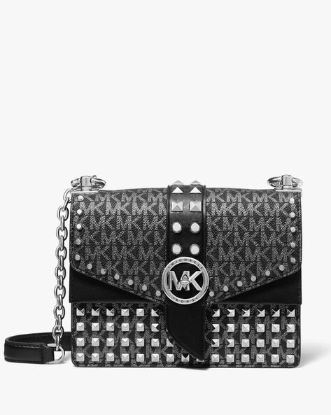 Buy Michael Kors Greenwich Small Studded Metallic Logo Crossbody Bag | Black  Color Women | AJIO LUXE