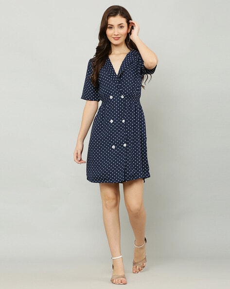 Darlene Retro Polka Dot Swing Dress in Dark Blue - Dolly and Dotty