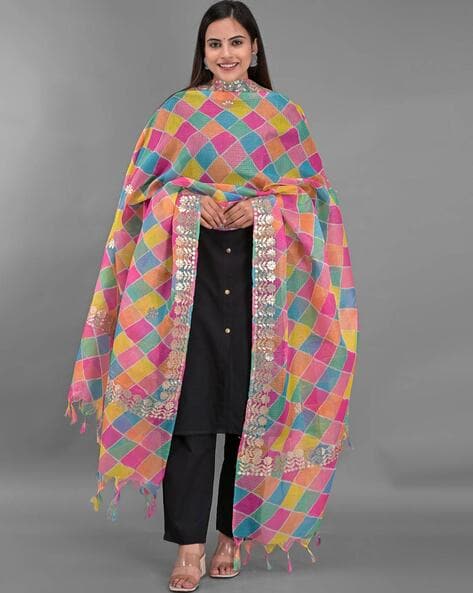 Checked Print Dupatta with Tassels Price in India