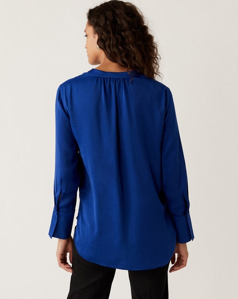 Long Sleeve V-Neck Blouse Blue