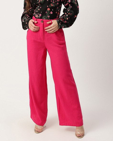 Bright Pink Woven High Waisted Tailored Wide Leg Trousers   PrettyLittleThing