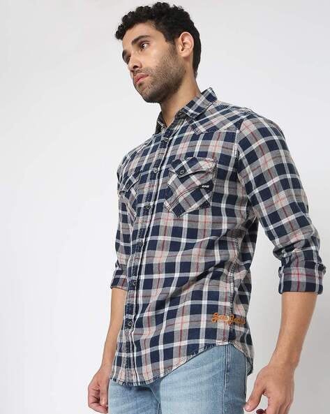 Buy OnlineSpykar Men Indigo Blue Cotton Twil Slim Fit Full Sleeve Checkred  Shirt