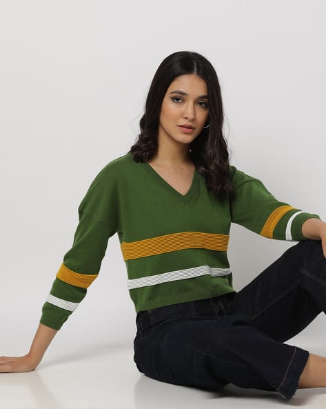 Striped V-Neck Pullover with Drop-Shoulders