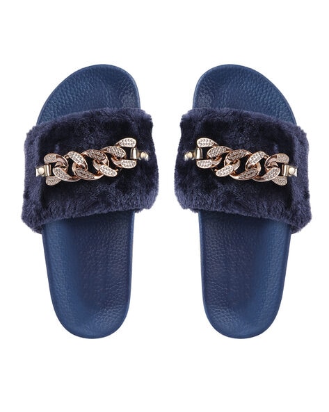 Navy best sale fluffy sliders