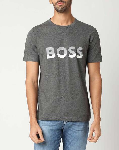 Buy BOSS Regular Fit T-Shirt with Logo Print | Grey Color Men | LUXE