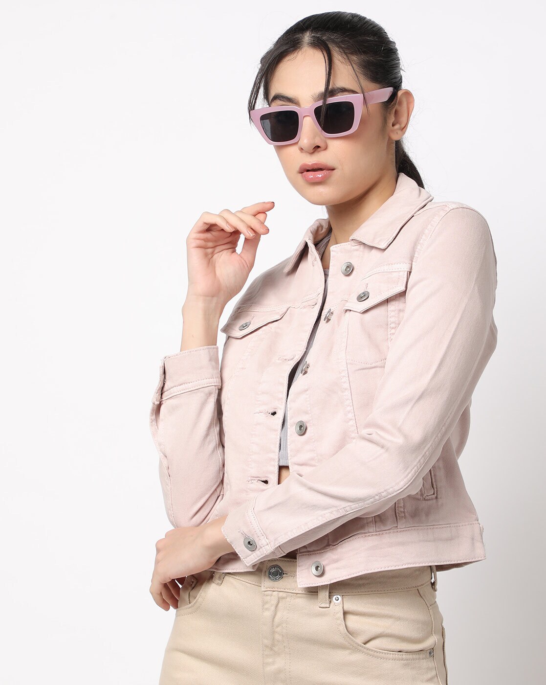 Peach color denim jacket with upper embroidery details – Jeanzaat