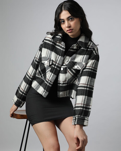 Women Crop Flannel Shacket with Patch Pockets