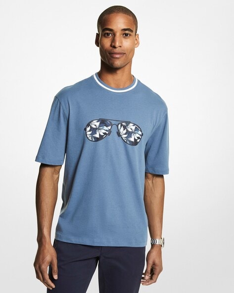 Buy Michael Kors Floral Print Aviator Cotton T-Shirt | Blue Color Men |  AJIO LUXE