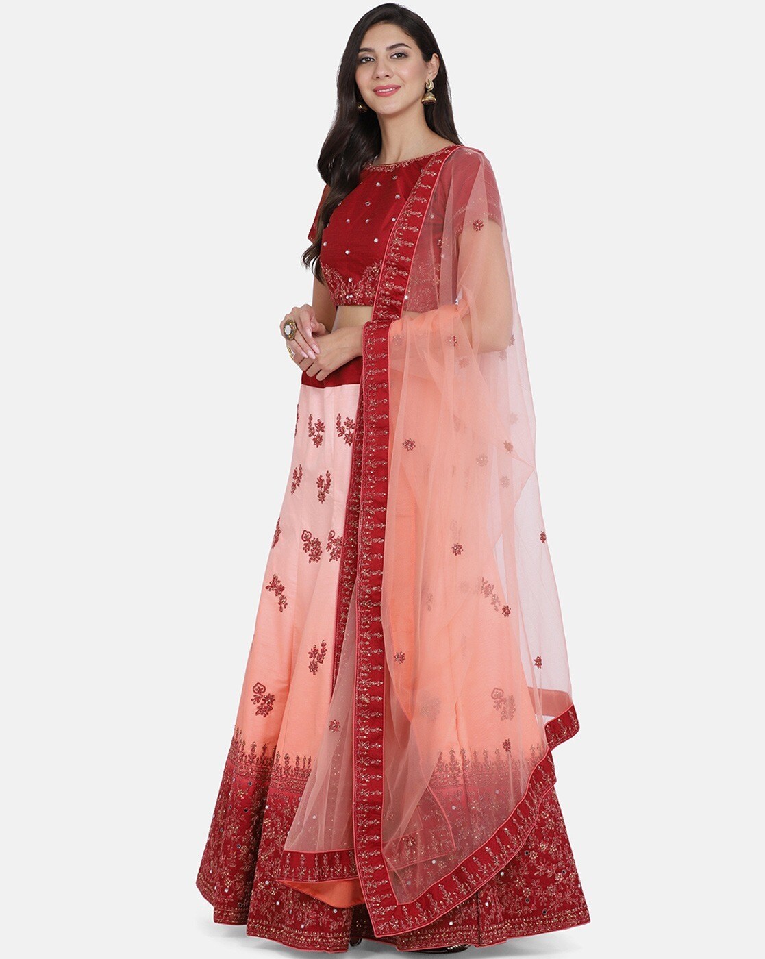 Buy Women Peach Printed Lehenga Set With Contrast Embroidered Blouse And  Dupatta - Sorbet Hues - Indya