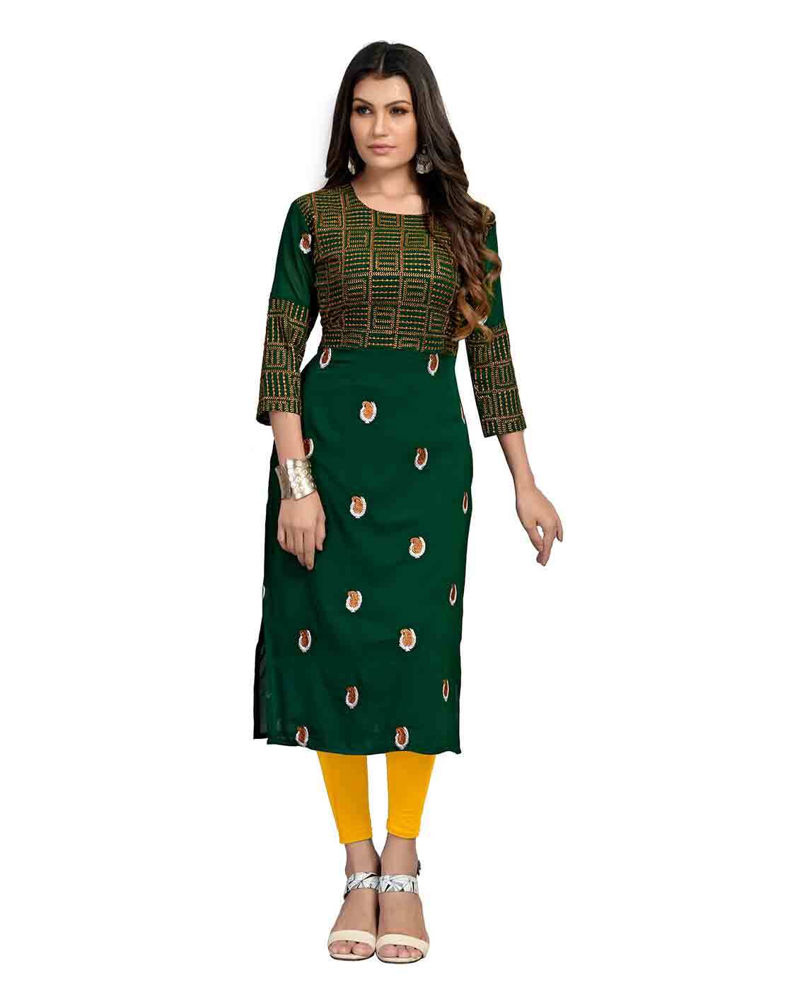 Buy ZAPDA CREATION Jequard Weaving with Jari Work Kurtis for Women |  Straight Cut Kurti | Office wear 3/4 Sleeves Round Neck Regular Fit Kurti  for Girls (M, Green) at Amazon.in