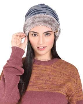 bharatasya Bhcp-150821-039 Textured Beanies Cap With Fur Accent-picture-53