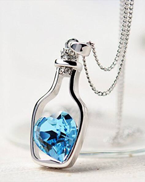 MAHI Rhodium-Plated Crystal-Studded Heart Bottle Pendant