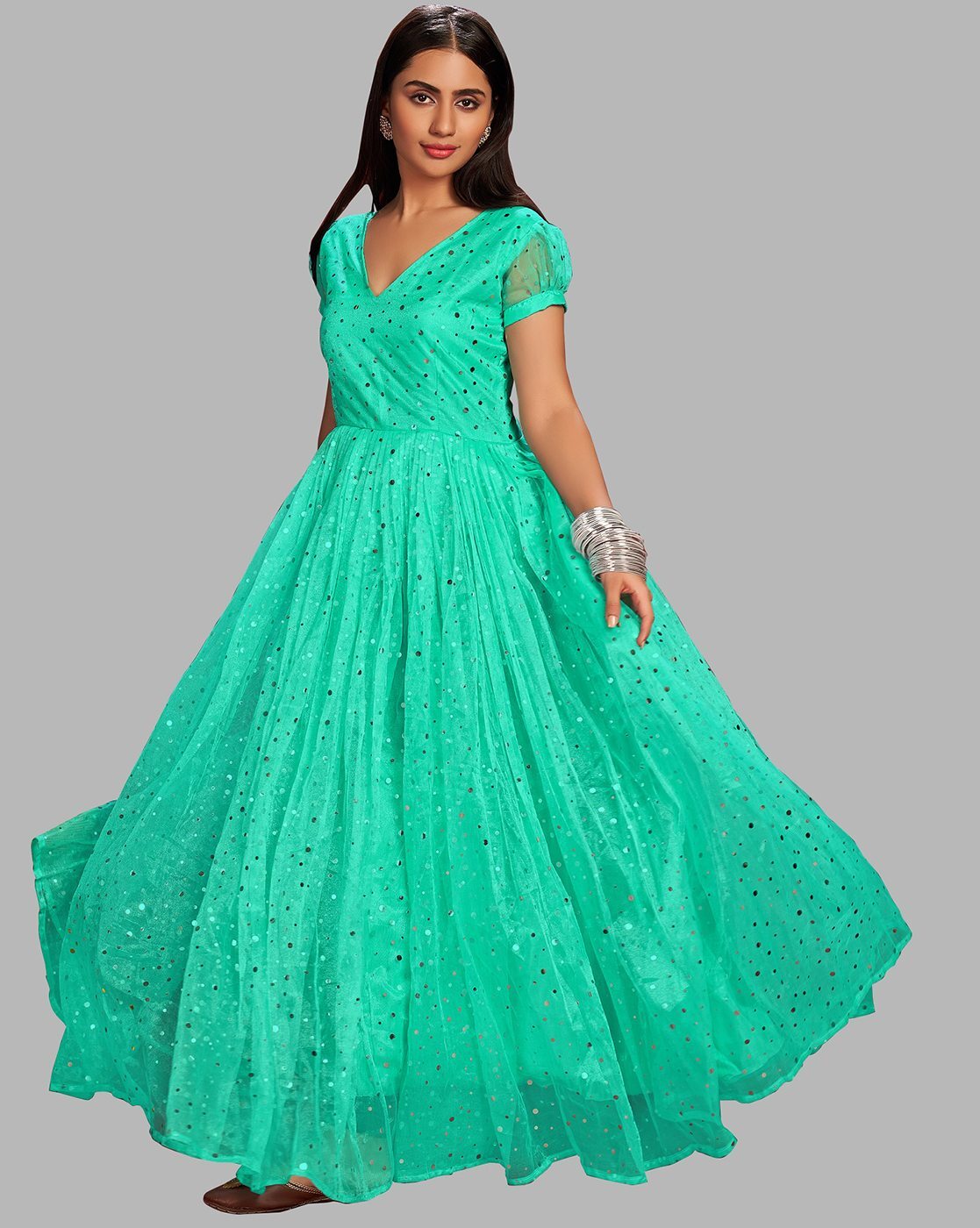 SIMRANS Mb SIMRANS inspired 3 piece peplum embroidered sea green dress