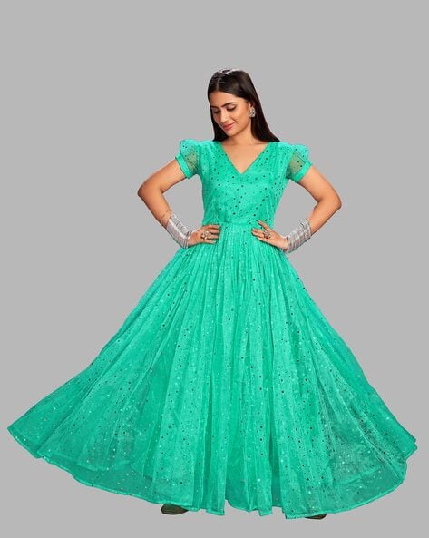 Sea Blue Satin & Net Floral Embellished Flared Gown Design by BAYA BY RICHA  at Pernia's Pop Up Shop 2024