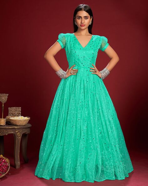 Buy Blue Net Embellished Sequin Sweetheart Neck Falak Fish Cut Gown For  Women by Prevasu Online at Aza Fashions.