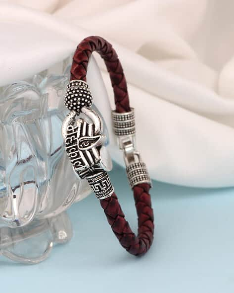 Mahakal Silver Tone Black Beaded PU Leather Bracelet | B137-MAY-241 |  Cilory.com