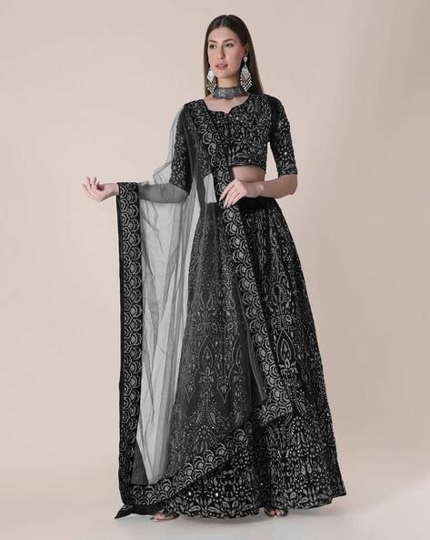 Grey and Black Woven Ruffled Lehenga Style Saree Saree 2634SR05