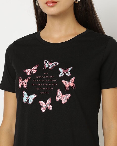 Butterflies And Flowers Print Crew Neck T-shirt, Loose Casual