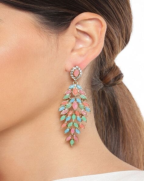 Stud Earrings Gold Color Leaf White Beads Women Earrings