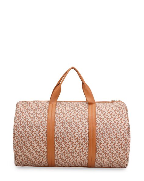 Tan Striped Leather Duffle Bag