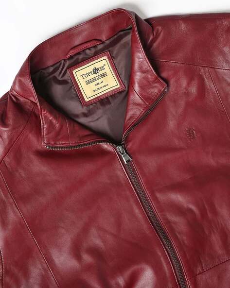 Mens Red Hooded Genuine Leather Jacket