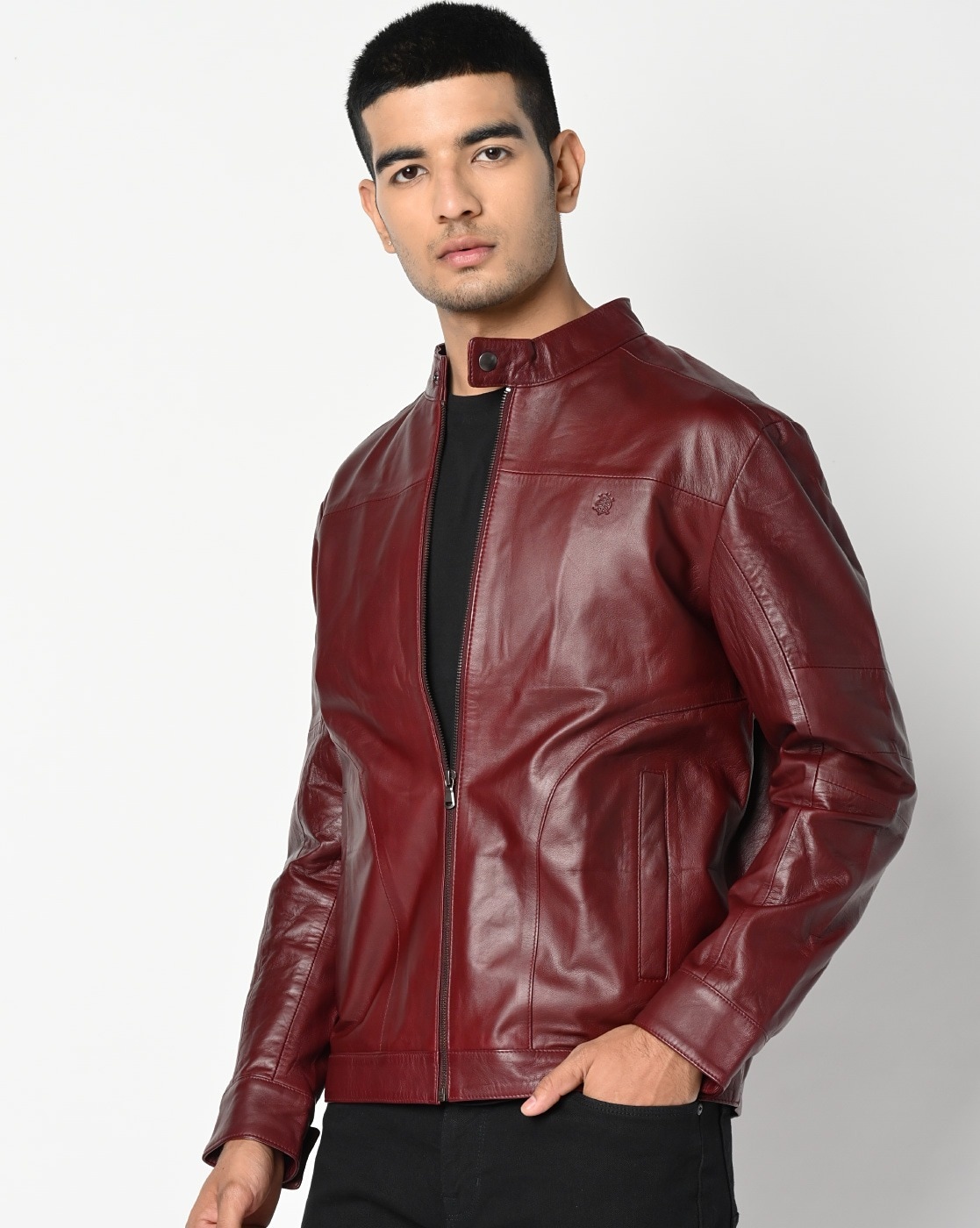 Maroon colour shop leather jacket