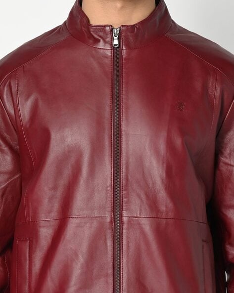 Mens Red Hooded Genuine Leather Jacket