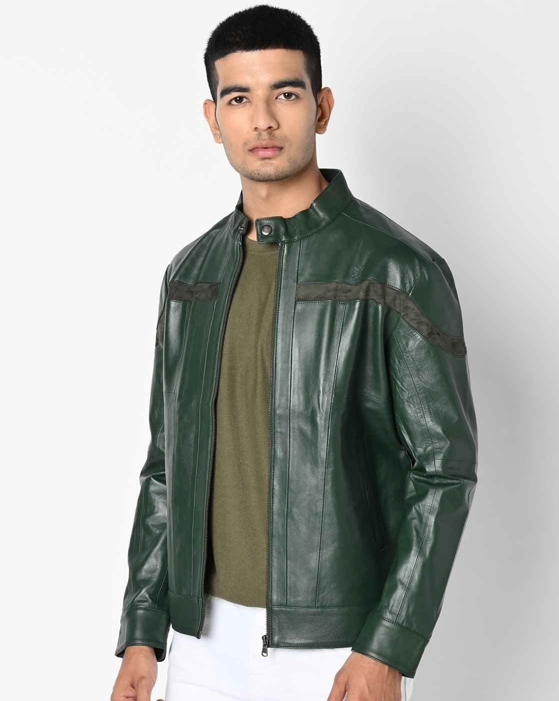 Olive Green Men Leather Jacket