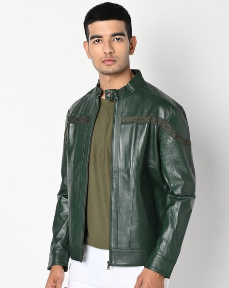 Men's olive leather clearance jacket