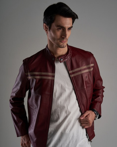 Full Sleeve Casual Jackets Handmade Men's Maroon Front Zipper Biker Jacket  With Shawl Collar at Rs 3550 in Mumbai