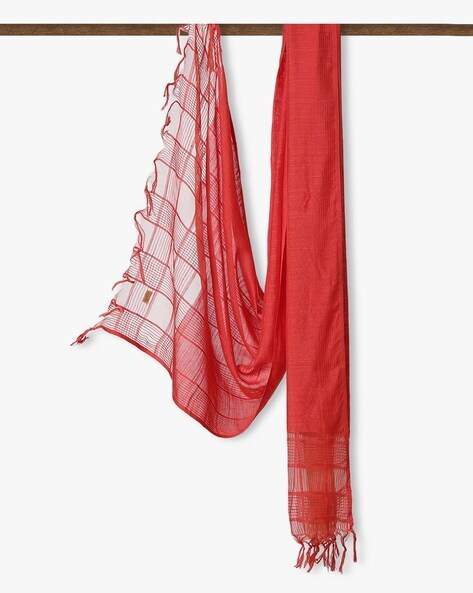 Checked Dupatta with Frayed Hem Price in India
