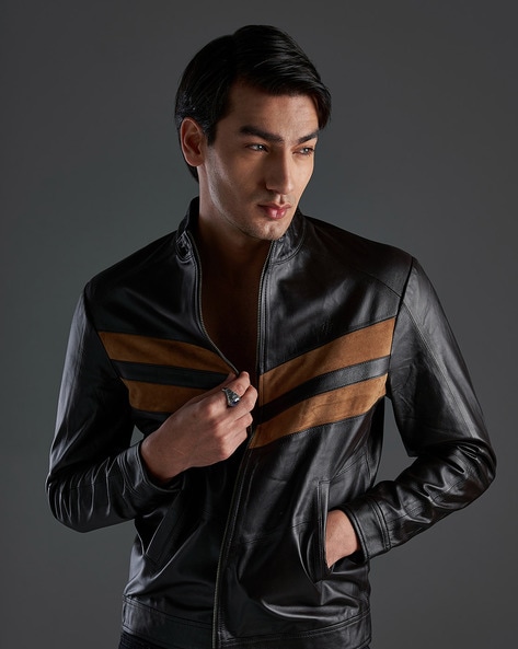 Buy t-base Brown Faux Leather Biker Jacket for Men Online India