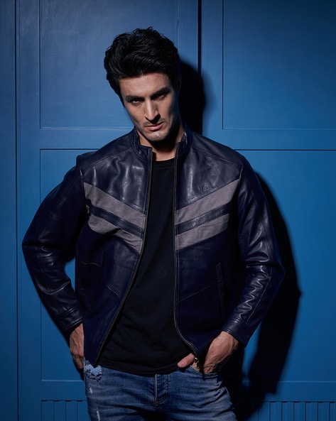 Leather Varsity Jacket for Men in Blue