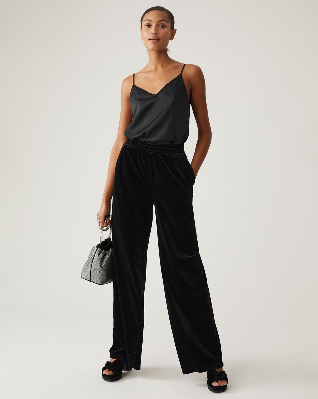 Shellina Black Satin Wide Leg Trousers |