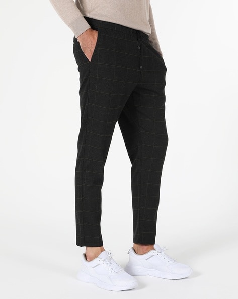 Invictus Black Slim Fit Checked Regular Smart Casual Cropped Trousers  9798909.htm - Buy Invictus Black Slim Fit Checked Regular Smart Casual Cropped  Trousers 9798909.htm online in India