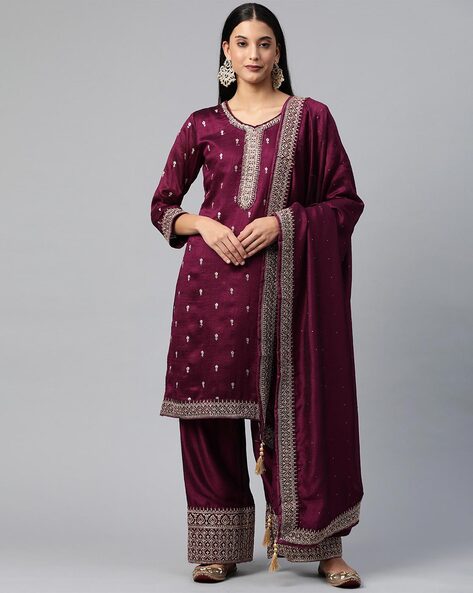 Embellished 3-Piece Semi-stitched Straight Dress Material Price in India