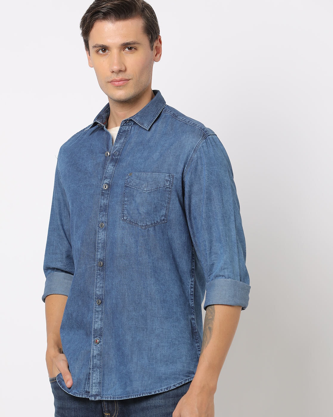 Buy Indigo Blue Denim Plain Shirt Online at Muftijeans
