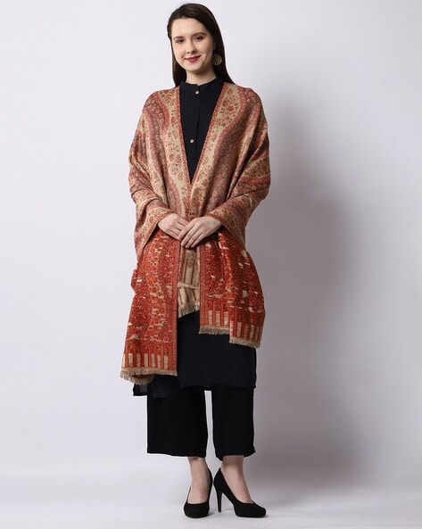 Floral-Woven Shawl with Frayed Hem Price in India