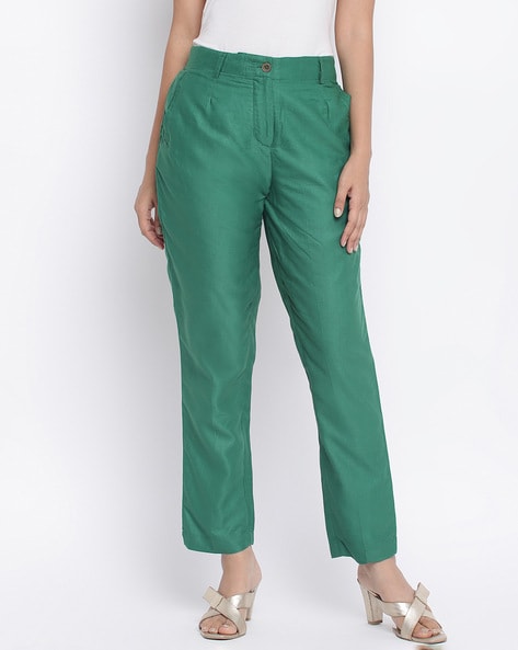 Women Dark Green Color 100 Cotton Solid Trousers  Pant
