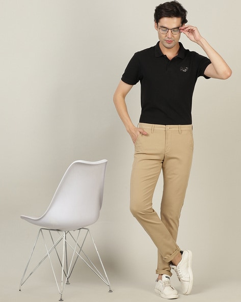 WES Formals by Westside Solid Light Khaki Relaxed Fit Trousers